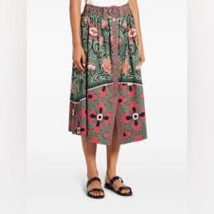 NWT Farm Rio Arabesque Floral Green Midi Skirt with Belt and Button Front